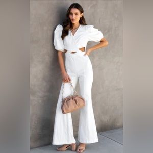SARAH WHITE DENIM PUFF SLEEVE FLARE JUMPSUIT